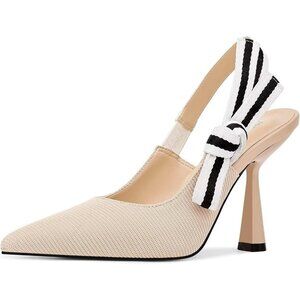🆕Women Cream Heels Pointed Toe High Heels Bowknot Knitted Dress Pumps Shoes